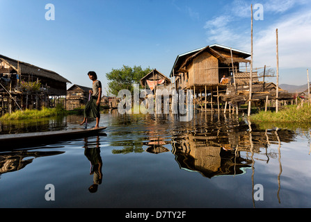 Houses built on stilts in the village of Nampan on the edge of Inle Lake, Shan State, Burma