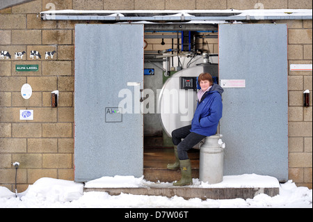 Dairy Farmer Liz Best from Poole Farm Leighterton near Tetbury, Gloucestershire who has had to discard milk when the tanker has Stock Photo