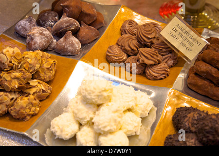 Chocolate truffles in a sweet shop, Brussels, Belgium Stock Photo