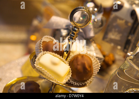 Chocolate truffles in a sweet shop, Brussels, Belgium Stock Photo