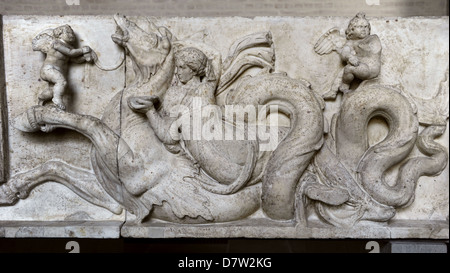 Altar of Domitius. Nuptial courtship with a Nereid on a hippocampus bringing a present and winged erotes. Glyptothek. Munich. Stock Photo