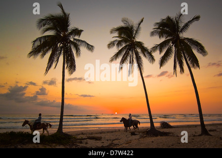 Horse riders at sunset, Playa Guiones surfing beach, Nosara, Nicoya Peninsula, Guanacaste Province, Costa Rica Stock Photo