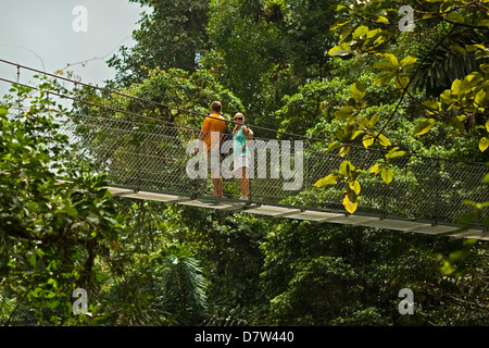 Tourists on walkway in the rainforest canopy at Arenal Hanging Bridges, La Fortuna, Alajuela Province, Costa Rica Stock Photo