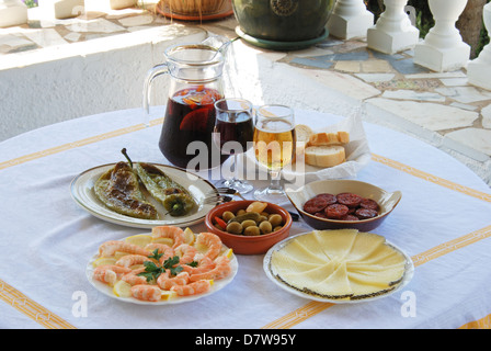 Selection of Spanish tapas with sangria and beer, Andalusia, Spain, Western Europe. Stock Photo