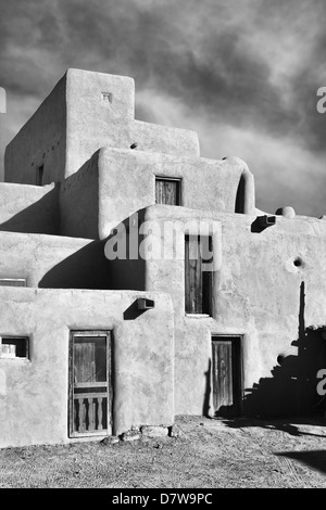 Stacked Dwellings at Taos Pueblo, B&W photo in the style of Ansel Adams and W.H.Jackson Stock Photo