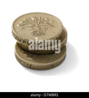 Three British One Pound Coins isolated over white Stock Photo