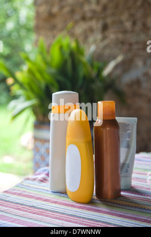 Sun protection cosmetic bottles Stock Photo