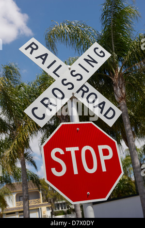 Stop sign at railroad crossing, Mount Dora, Florida, USA Stock Photo