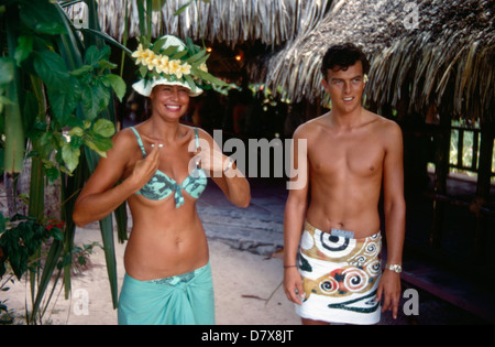 Young couple on vacation in South Pacific resort of Club Med, Tahiti, in French Polynesia Stock Photo