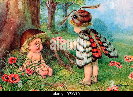 TOADSTOOL BABY WITH A FAIREY  Postcard about 1935 Stock Photo