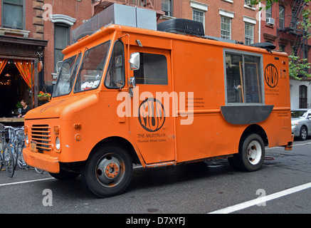 The Mud Truck, a food van in New York City that specializes in coffee and snacks.food, truck, van, Manhattan, coffee, Mud Stock Photo