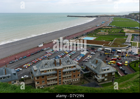 Beach, lawns and promenade from above, Dieppe, France, Normandy Stock Photo
