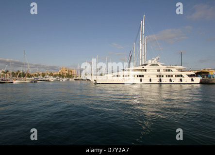 Palma International Boat Show 2013 - Megayacht / superyacht 'RASSELAS' in foreground + Boat Show + Palma historic cathedral. Stock Photo