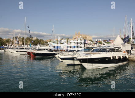 Palma International Boat Show 2013 - panorama of Boat Show + Princess Motor Yachts in the foreground + Palma cathedral. Stock Photo