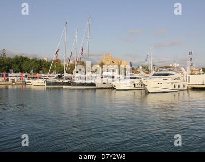 Palma International Boat Show 2013 - panorama of Boat Show + Beneteau Yachts + Palma historic gothic cathedral Stock Photo