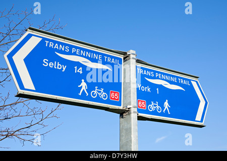 Close up of Trans Pennine Trail cycle bike cycling route routes sign near York North Yorkshire England UK United Kingdom GB Great Britain Stock Photo
