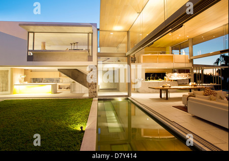 Swimming pool and patio of modern house Stock Photo