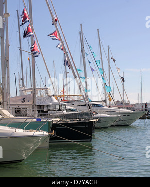 Palma International Boat Show 2013 - sailing yachts - Moll Vell / Old Quay, Port of Palma de Mallorca / Majorca, Baleares. Stock Photo