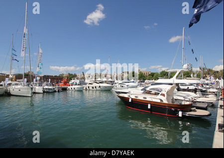 Palma International Boat Show 2013 - boats - panorama - Moll Vell / Old Quay, Port of Palma de Mallorca / Majorca, Baleares. Stock Photo