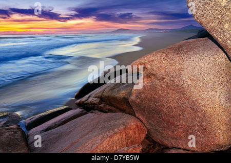 Spain, Galicia: Scenic sunset at beach Praia de Vilar inside Nature Park Corrubedo Stock Photo
