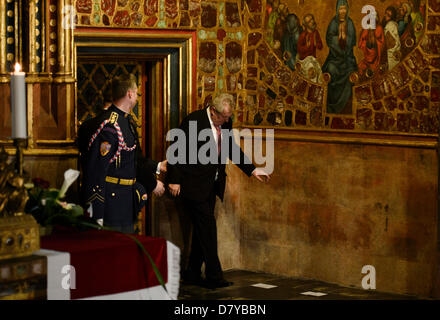 FILE In this May 9, 2013 file photo, Czech President Milos Zeman leaves the Crown Jewels chamber in the St. Vitus Cathedral. The Czech Crown Jewels are to be shown to the public at the Vladislav Hall at the Prague Castle. (CTK Photo/Michal Kamaryt) Stock Photo