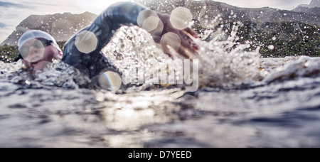 Triathletes swimming in race Stock Photo