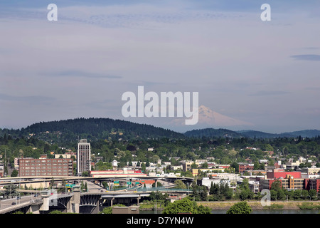 Portland Oregon Downtown with Mount Hood and Willamette River View Stock Photo