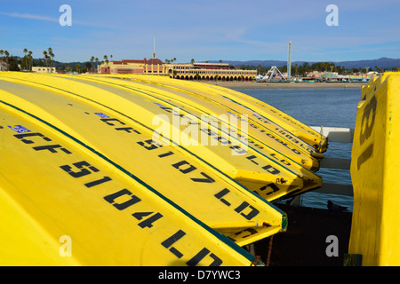 Yellow boats on the historic boardwalk, Santa Cruz CA Stock Photo