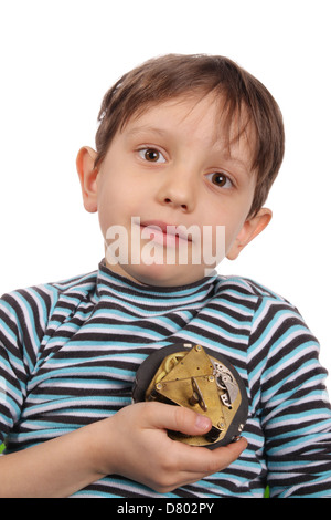 Clockwork Man. Little boy with clockwork near heart Stock Photo