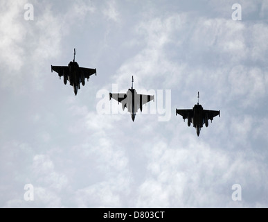 France - Navy Military Single & Two Seat Dassault Rafale M Aircraft in three ship formation.  SCO 9123 . Stock Photo