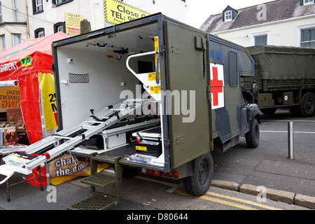 land rover battlefield ambulance at british army medical regiment recruiting stand at an outdoor event Stock Photo