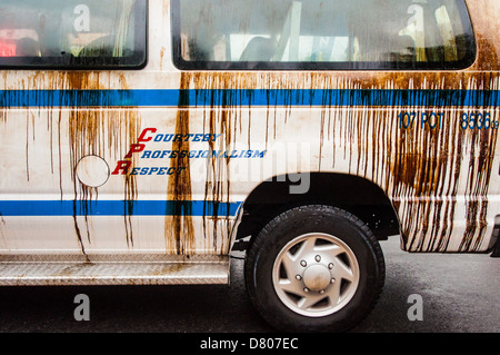 Motor oil splashed on a NYPD van at J'ouvert, Brooklyn, 2012 Stock Photo