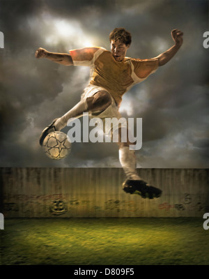 Illustration of soccer player kicking ball in field Stock Photo