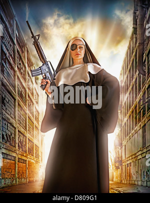 Illustration of Caucasian nun with eye patch and machine gun Stock Photo