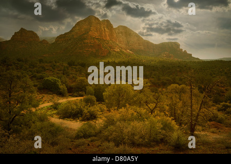 Cliffs overlooking rural landscape, Sedona, Arizona, United States Stock Photo