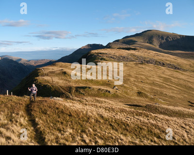 An evening view up Snowdon's Llanberis ridge towards the summit, showing Crib Goch, Crib y Ddysgl and Garnedd Ugain Stock Photo