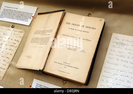 First edition (1859) of 'On The Origin Of Species' by Charles Darwin in Shrewsbury School library. Darwin was a former pupil. Stock Photo