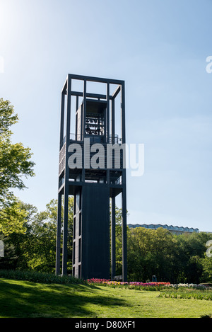 ARLINGTON, Virginia, United States — The Netherlands Carillon next to Arlington National Cemetery and the Iwo Jima Memorial. First donated in 1954, the Carillon was moved to its current location in 1960. It was a gift of the Netherlands to the United States in thanks for US aid during World War II. This 127-foot tall open steel structure, gifted by the Netherlands to the United States after World War II, symbolizes Dutch gratitude for American aid and symbolizes ongoing friendship between the two nations. Stock Photo
