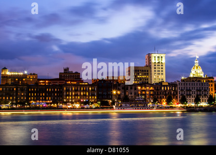 River Street Skyline at Twilight in Savannah, Georgia. Stock Photo