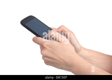 Woman hands writing with her thumbs on a mobile phone isolated on a white background Stock Photo