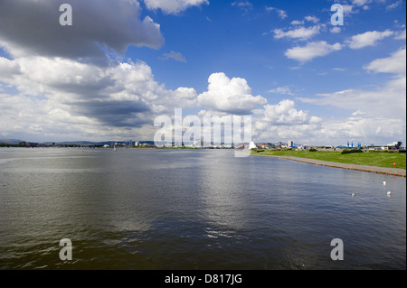 A view across Cardiff Bay from the barrage towards Mermaid Quay. Stock Photo