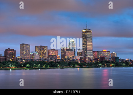 Night view of the Boston Skyline with brightly illuminated buildings Stock Photo