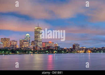 Night view of the Boston Skyline with brightly illuminated buildings Stock Photo