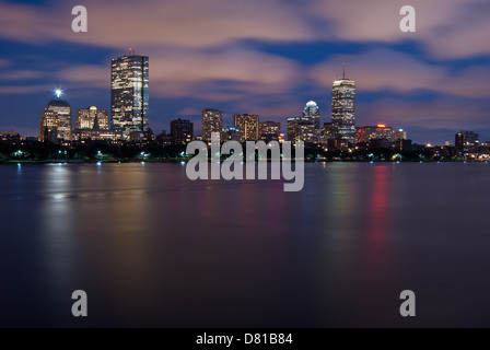 Night view of the Boston Skyline with brightly illuminated buildings Stock Photo