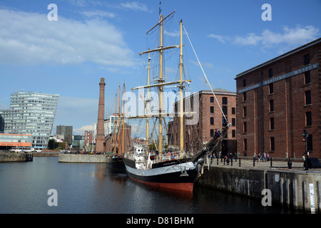 Sailing ships Pelican of London in the foreground and Kathleen & May tied up in Canning Dock, Liverpool Stock Photo