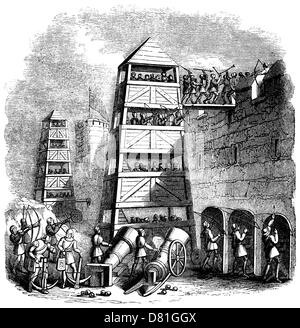 Breeching Tower; Archers behind their Pavison; Canon, Crossbow-men, &amp;c.  Vintage engraving showing men attacking a castle Stock Photo