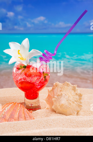 Beach tropical red cocktail on caribbean white sand flower and seashell Stock Photo