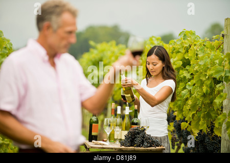 People tasting wine in vineyard Stock Photo