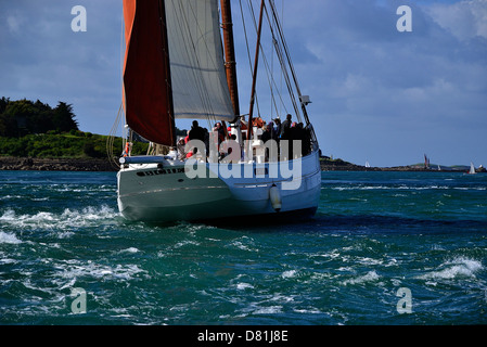 Traditional fishing boat : Biche (dundee tuna, Groix island, 1934, Brittany, France), sailing in Morbihan gulf. Stock Photo