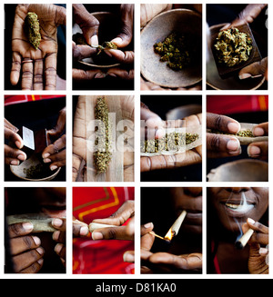 Black man rolling marijuana cigarette Stock Photo